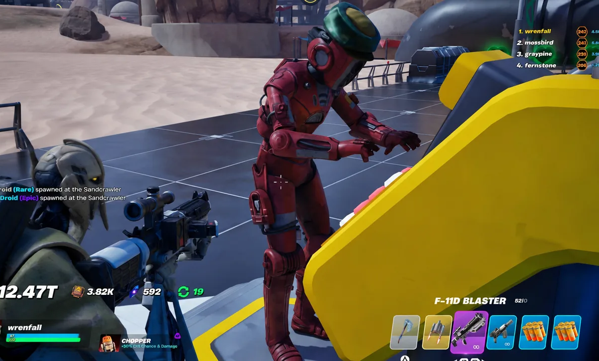 Red droid behind a yellow barrier targeted with the F-11D Blaster equipped