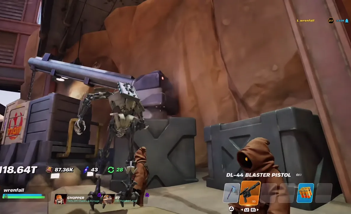 Player lines up a shot on a hovering droid with the DL-44 Blaster Pistol equipped