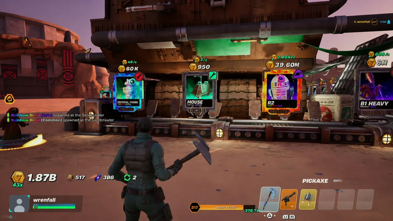 Sandcrawler shop screen showing droid cards with the Mouse droid centered