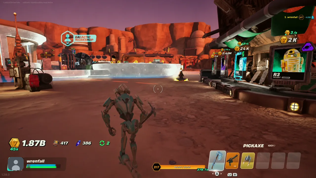 Pickaxe slot highlighted in the Droid Tycoon hotbar, ready to hit the Mega Crate