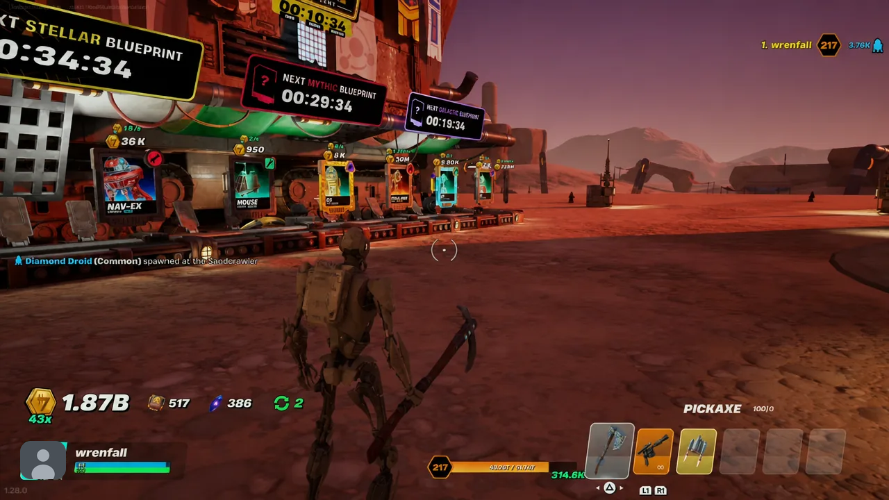 Droid Tycoon map view during an active run in Fortnite