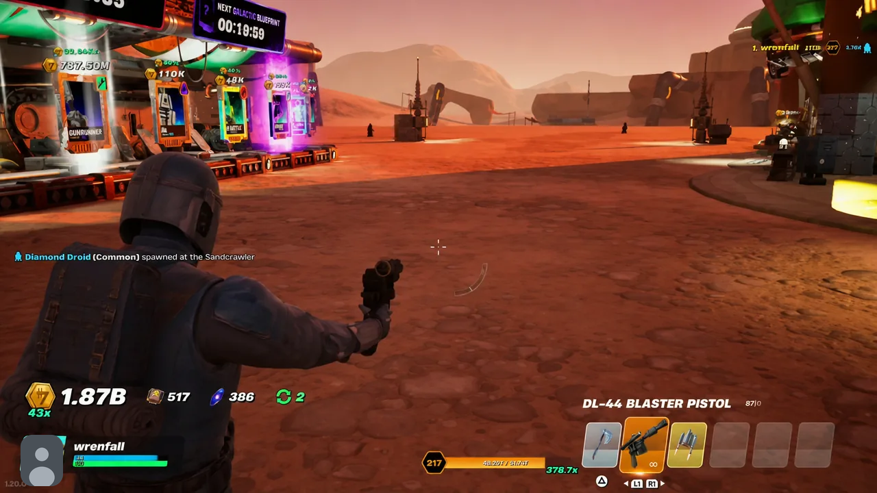 DL-44 Blaster Pistol slot highlighted in the hotbar while the player aims