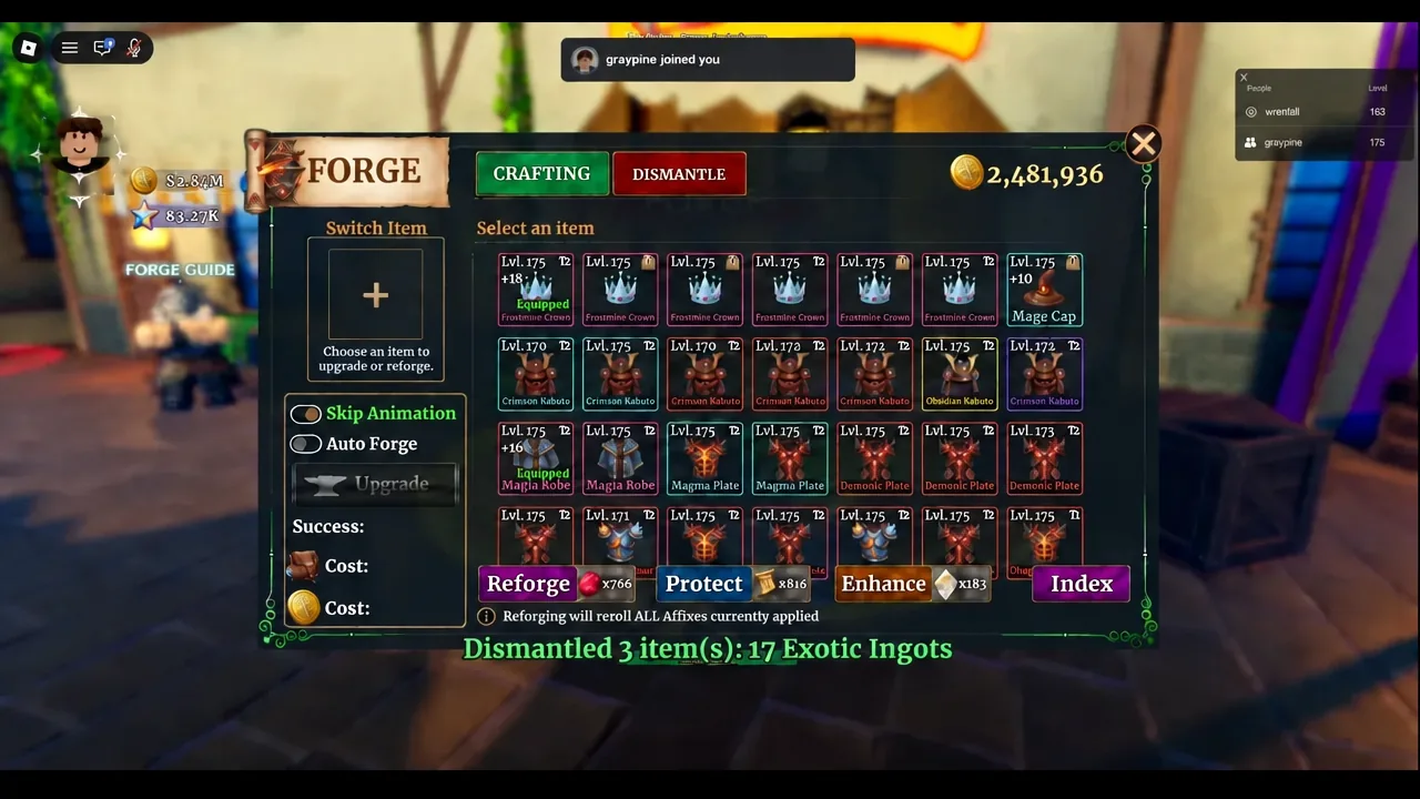 Dismantle tab showing three selected items returning 17 Exotic Ingots