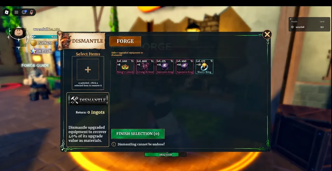 The Forge menu with the Dismantle tab open and equipment ready to pick