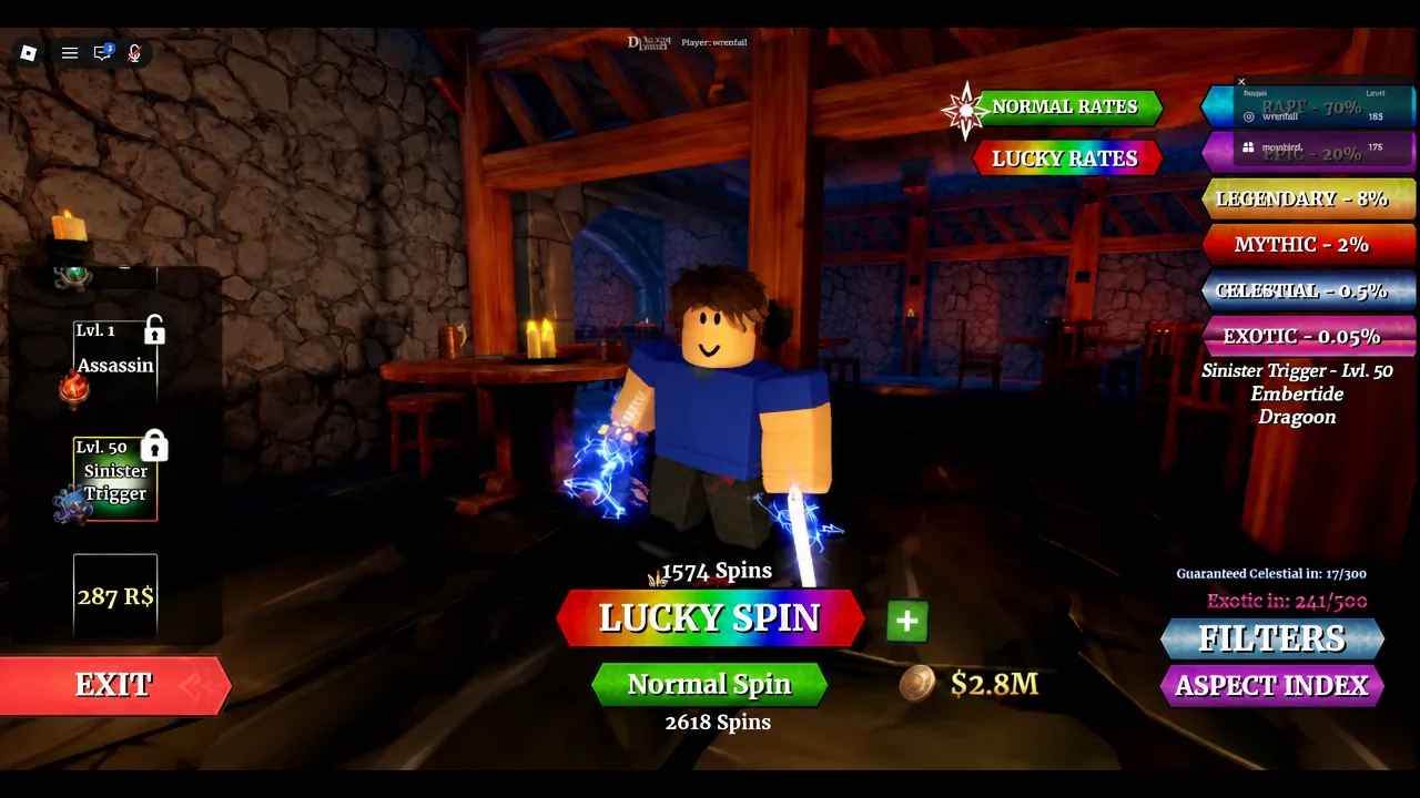Lucky Spin screen with the LUCKY SPIN button highlighted before rolling for a class