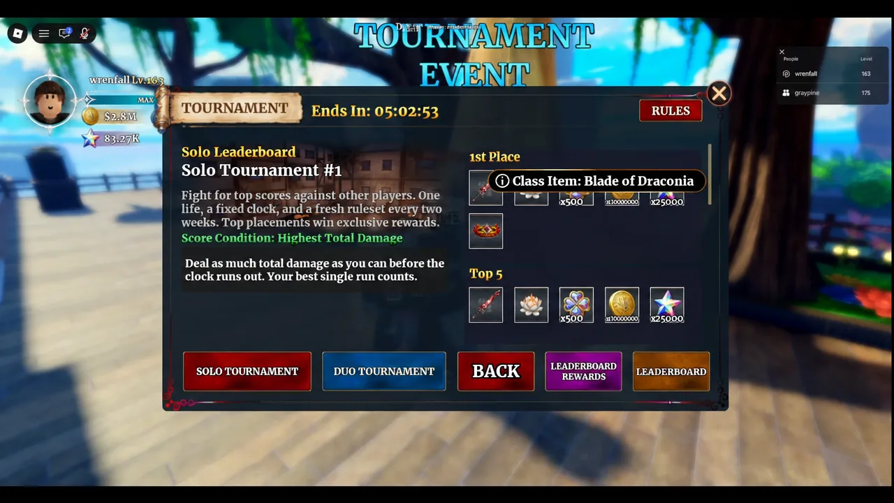 Tournament Event screen showing the 1st Place rewards with the Blade of Draconia tooltip open