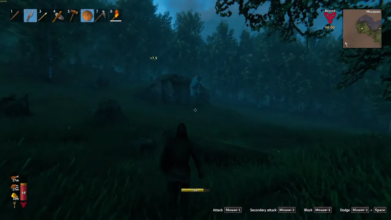 A Viking moves through the Meadows at ground level with a bow equipped in hotbar slot two