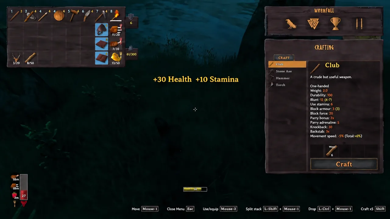 The Valheim crafting menu with the Club highlighted and the Craft button below it
