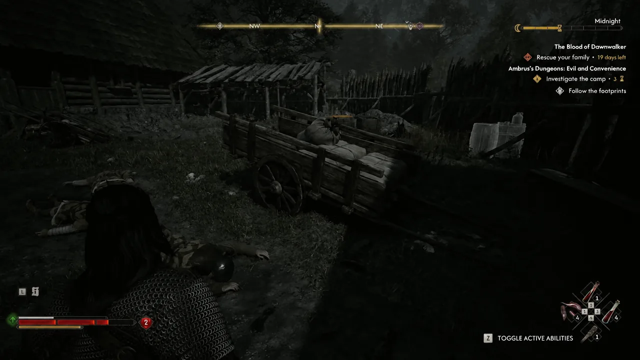 Quest tracker showing the Investigate the camp objective while searching the draining camp