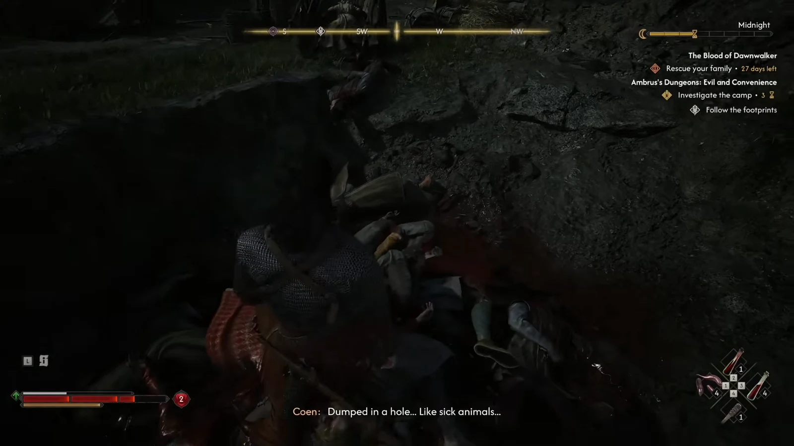 Coen examining a pit of bodies as the objective updates to Follow the footprints