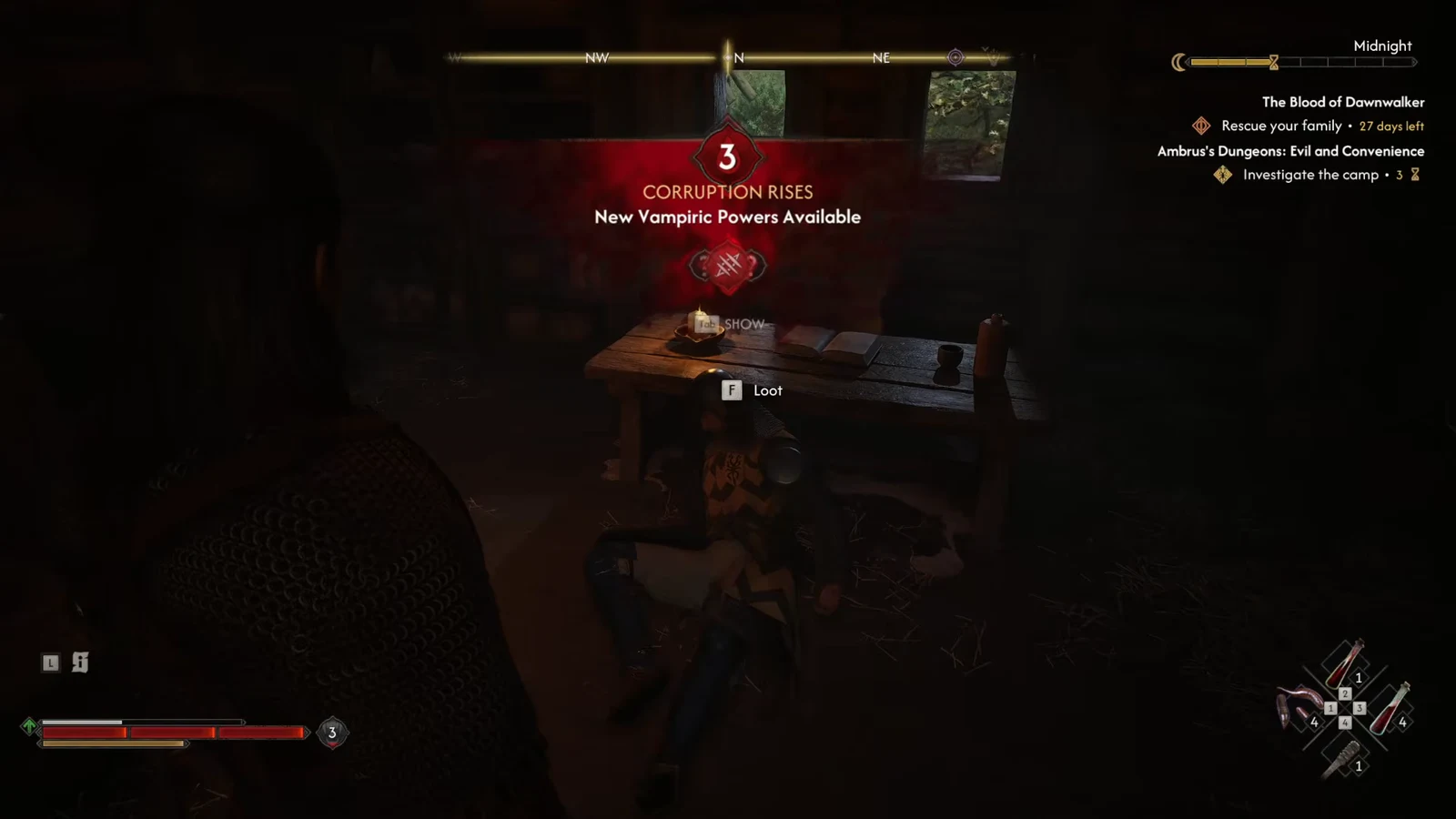 Loot prompt over a table inside the cabin with a Corruption Rises notification on screen