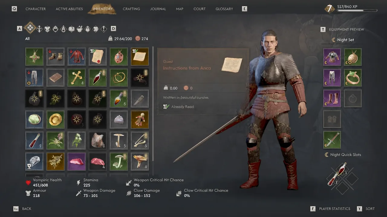 Inventory menu with a quest item selected and its description panel showing on the right