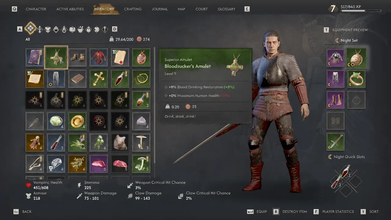 Inventory screen with the Bloodsucker's Amulet selected and its tooltip open