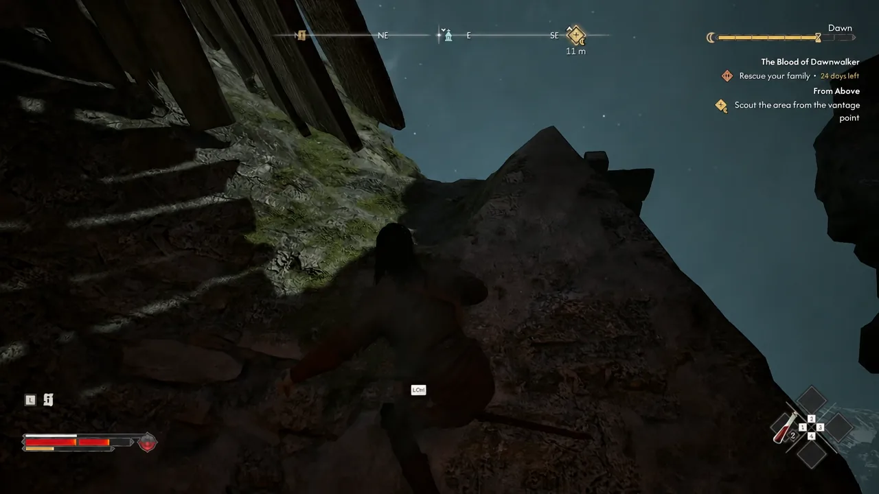 Climbing prompt highlighted on screen while ascending the tower toward the vantage point
