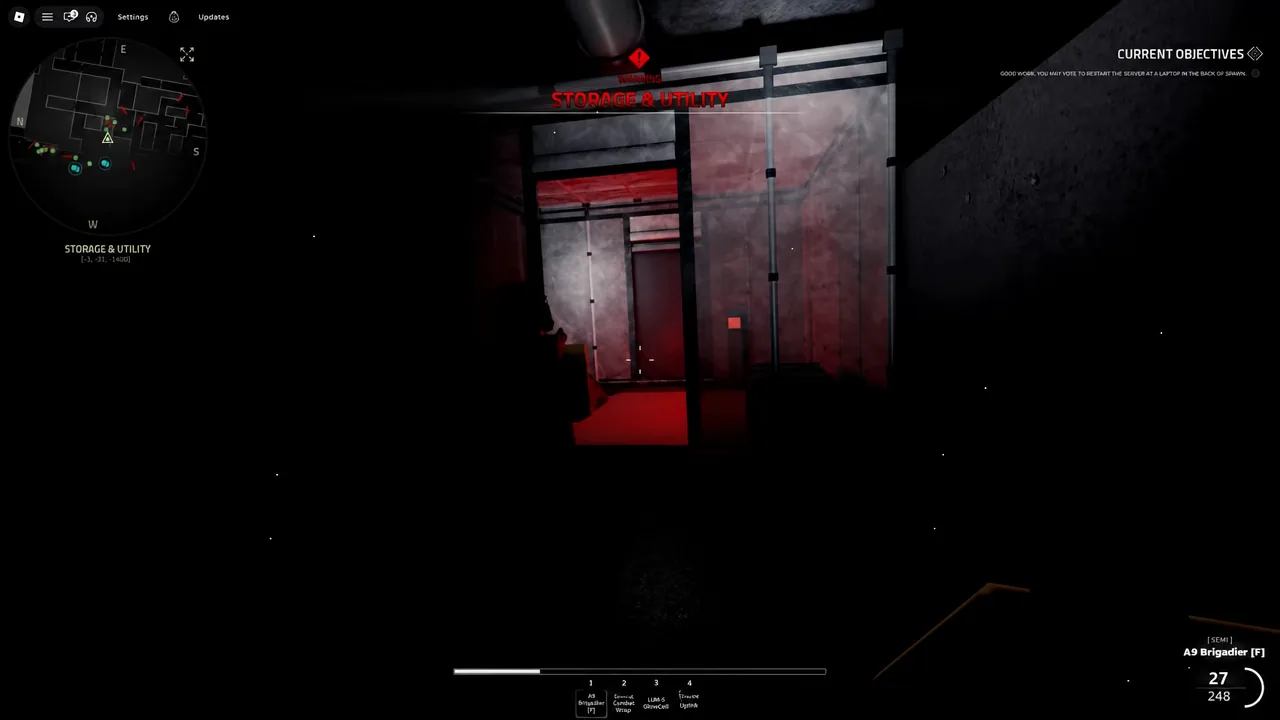 The objective panel points to the laptop at the back of shipping, which is where the server restart used for TOTAL-WAR happens.