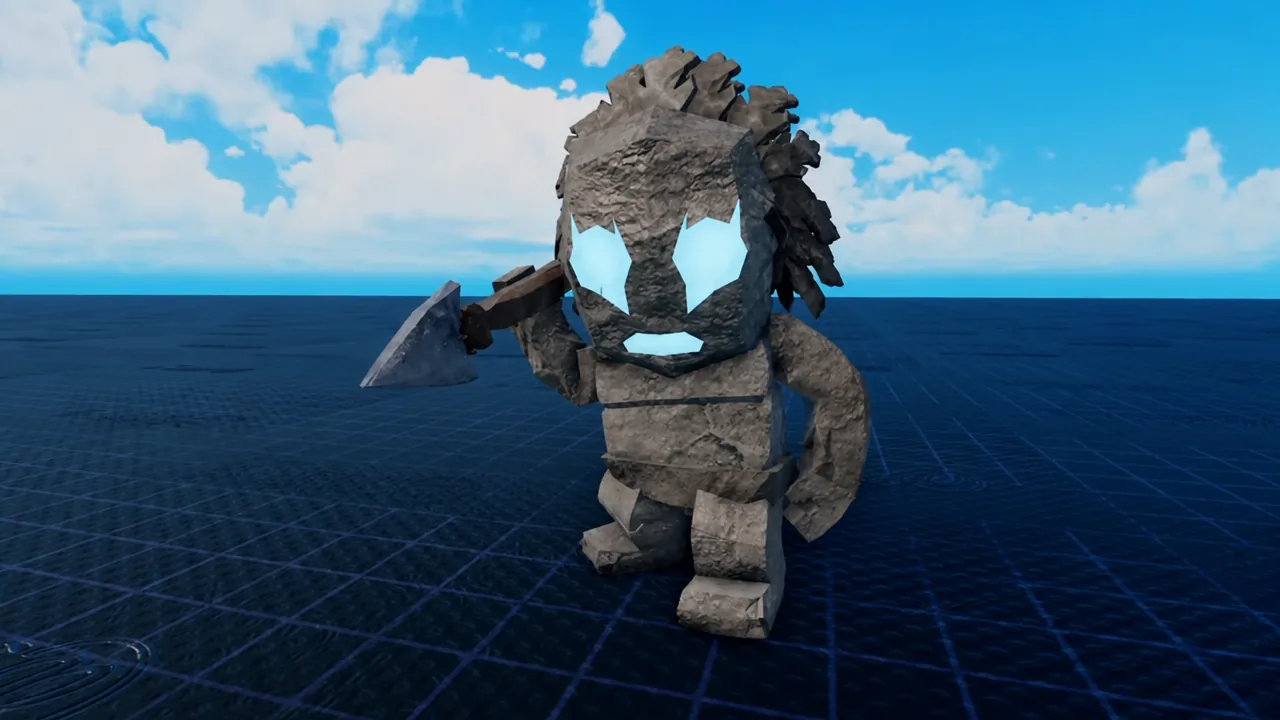 Stone golem NPC with glowing yellow eyes holding a stone tool