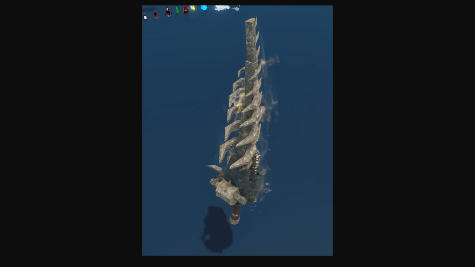 Spiked bone-structured fishing rod held underwater with crystals near the tip