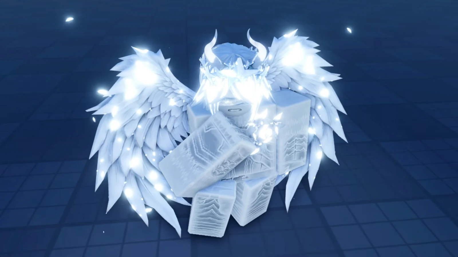 Glowing angelic NPC with large white wings standing on the island