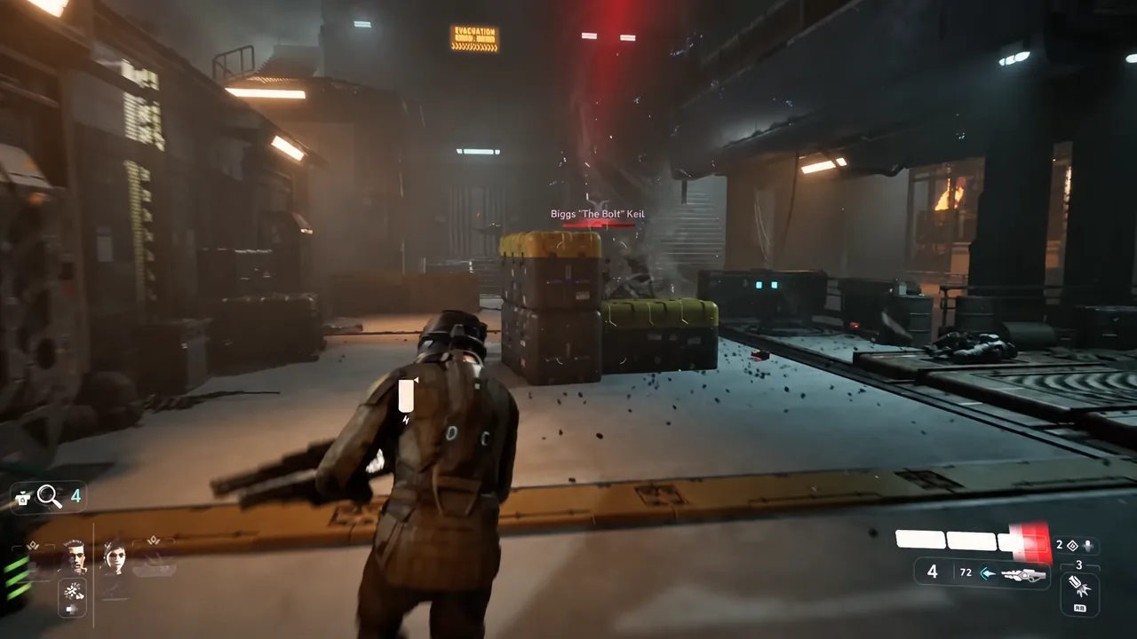 Jun aiming a weapon at the enemy Biggs The Bolt Keil in an industrial sci-fi arena