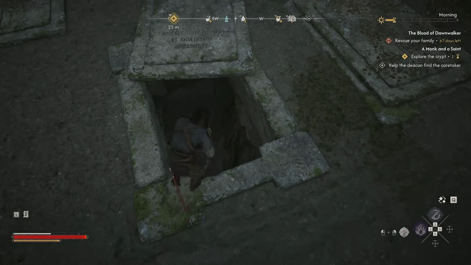 Coen dropping through the opened stone grave into the crypt shaft below