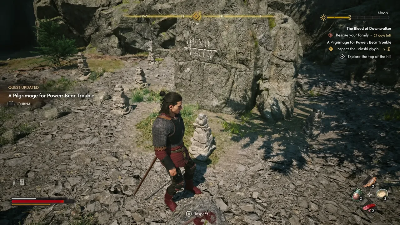 Inspect prompt appearing over the mutilated body inside the cave during Bear Trouble