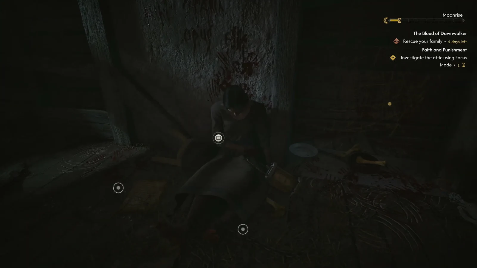 Hold-button interaction prompt showing while Coen examines the body in the attic
