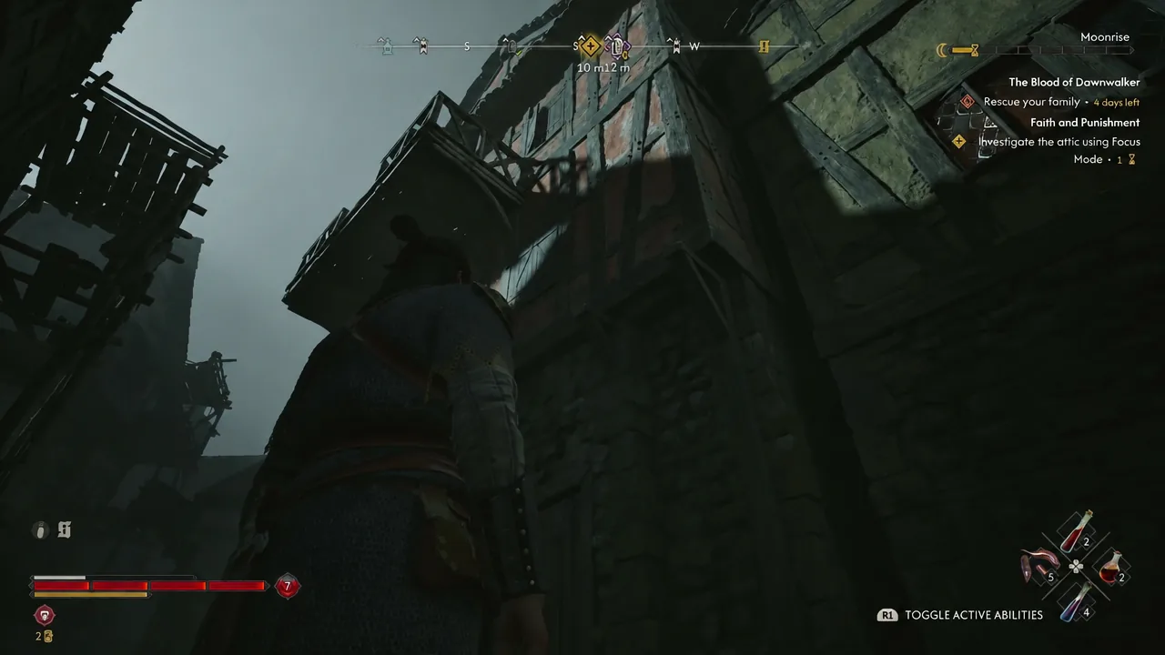 Looking up at the attic level of the Curious House with the Investigate the attic objective on screen