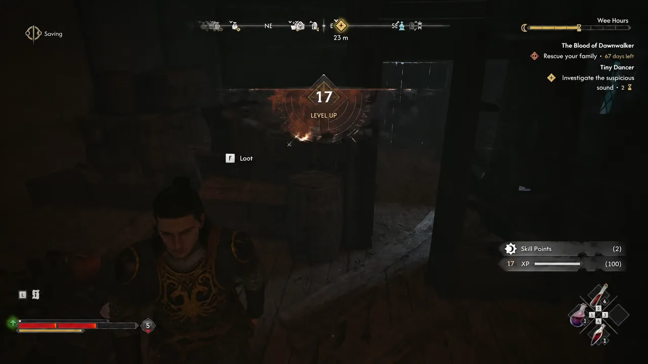 Loot prompt on screen alongside a Level Up notification after the attic investigation