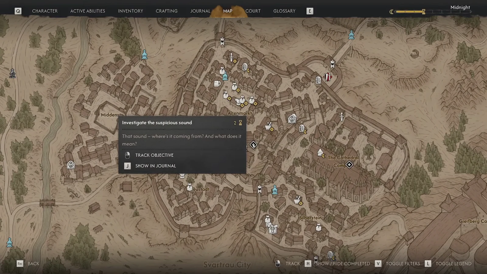 Map screen showing the Investigate the suspicious sound objective with track and journal options