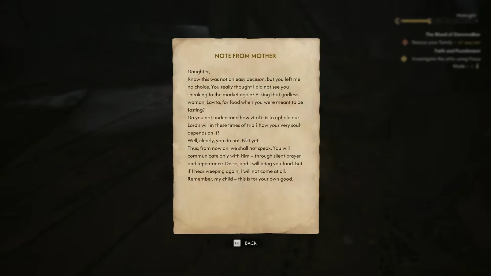 The Note from Mother letter open on screen during the attic investigation