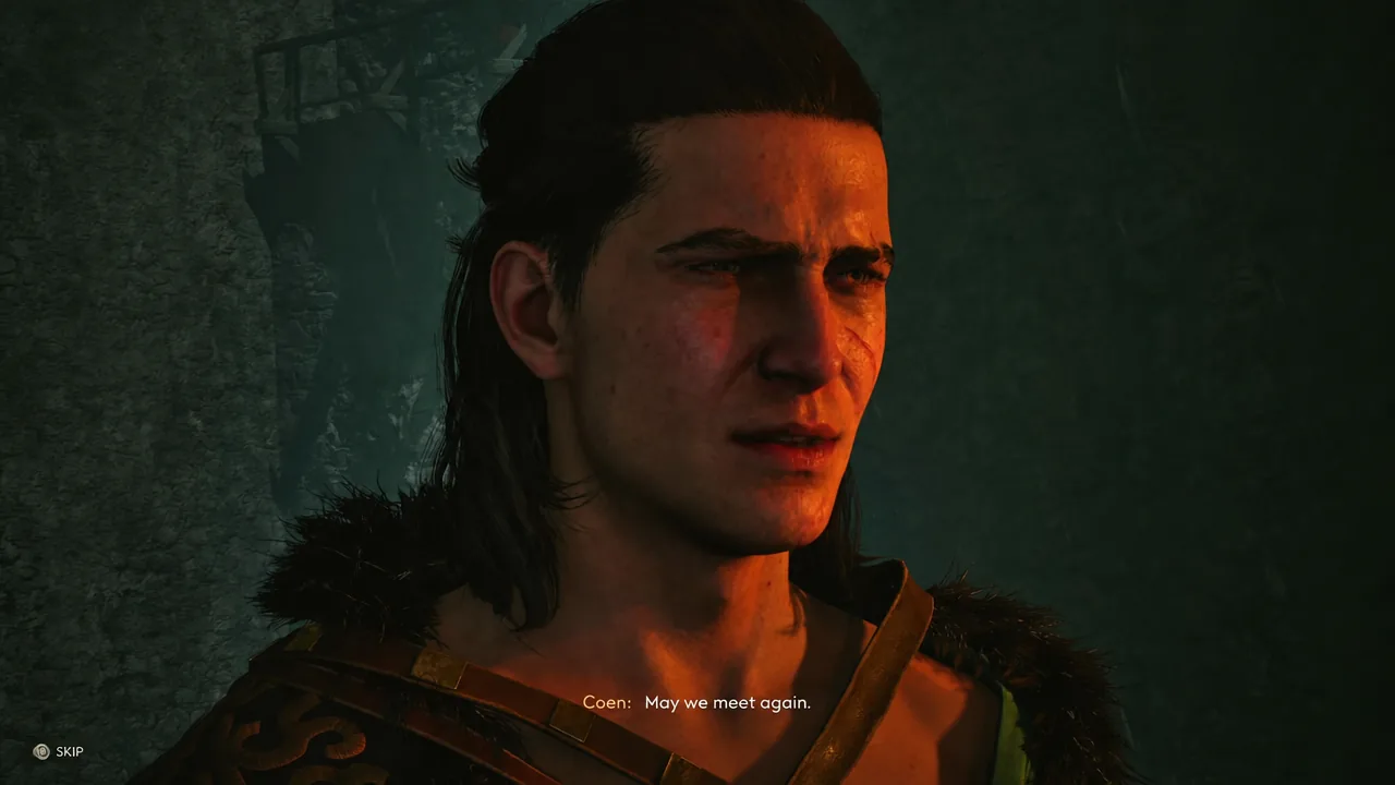 Coen speaking to the surviving rebel in a dialogue cutscene with a Skip prompt visible