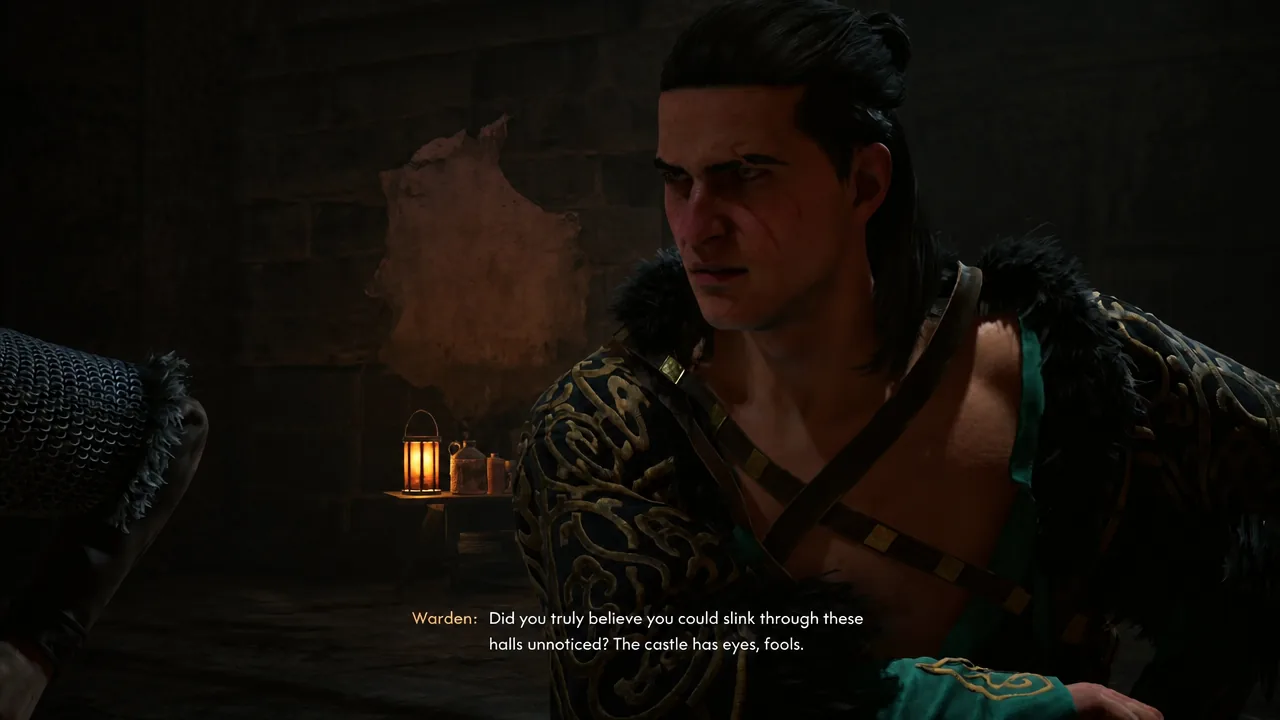 The Warden of the Greifberg Dungeons confronting Coen in a cutscene before the boss fight