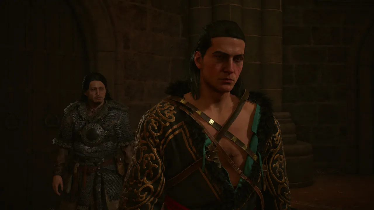 Coen confronted by Brencis in the dim stone throne chamber during the Fall Before Dusk cutscene