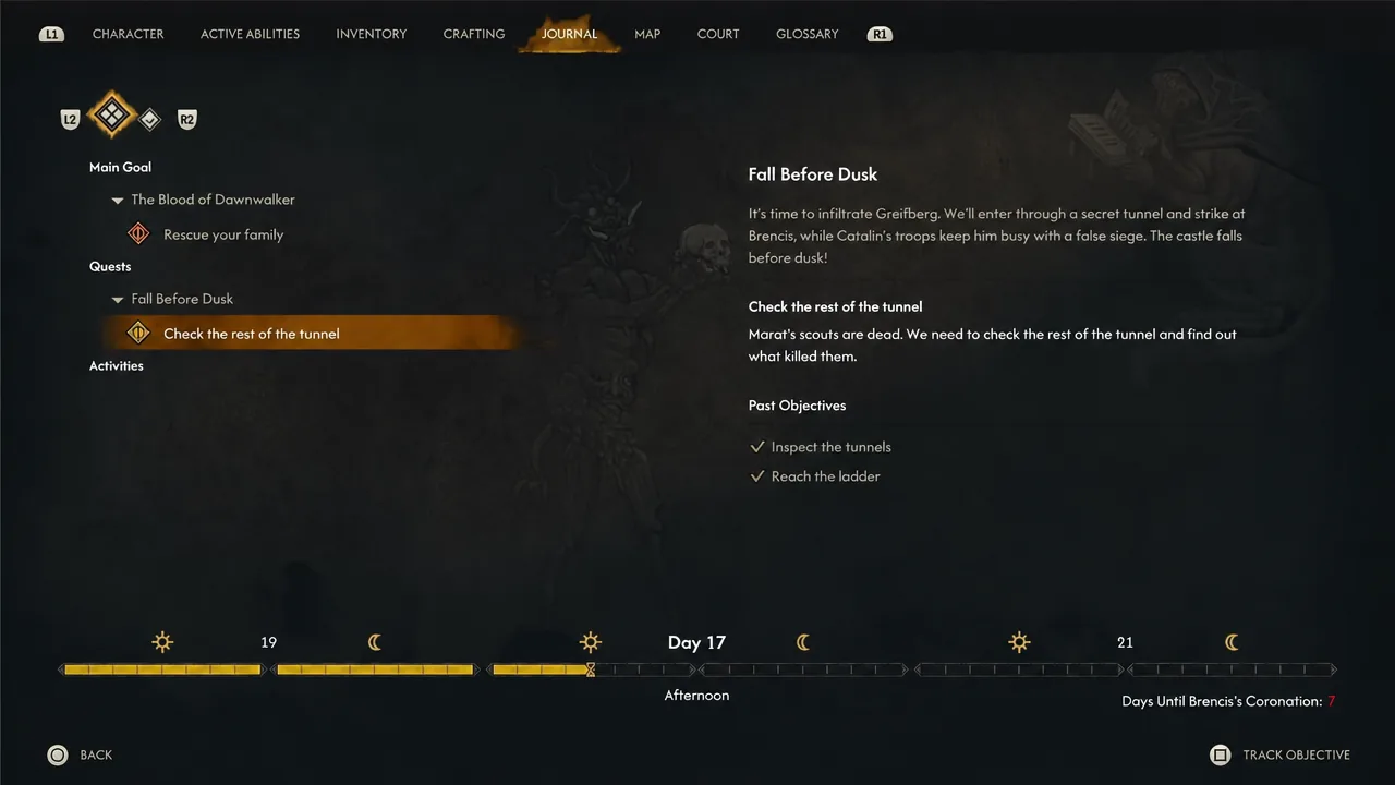 Journal screen showing the Fall Before Dusk objective "Check the rest of the tunnel"