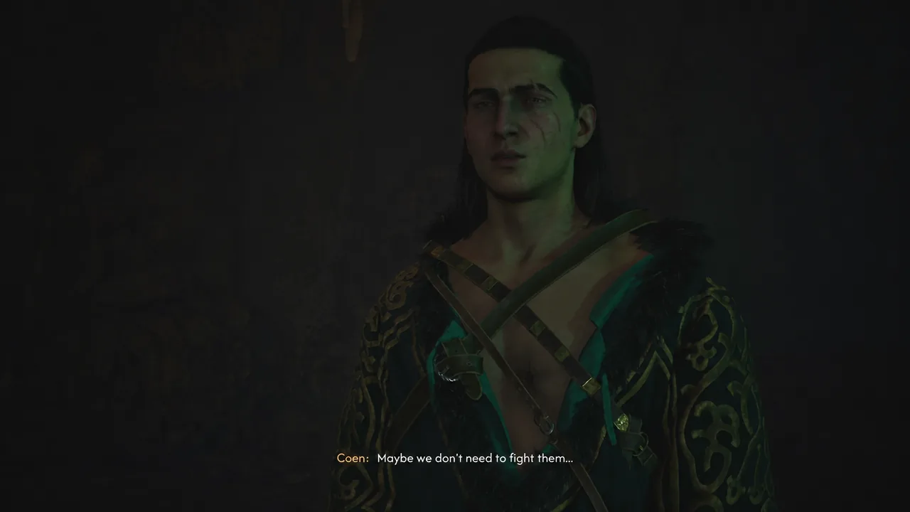 Coen's dialogue line "Maybe we don't need to fight them..." on screen during the Kobold encounter