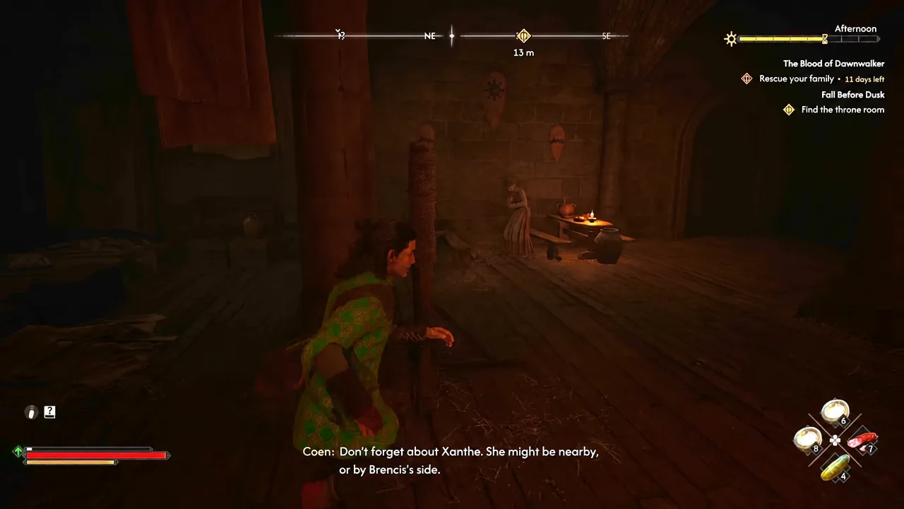 Coen moving through a castle interior with the Fall Before Dusk objective marker reading Find the throne room