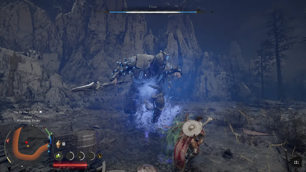 Player trading blows with Titan at Windsong Peaks with the boss health bar on screen
