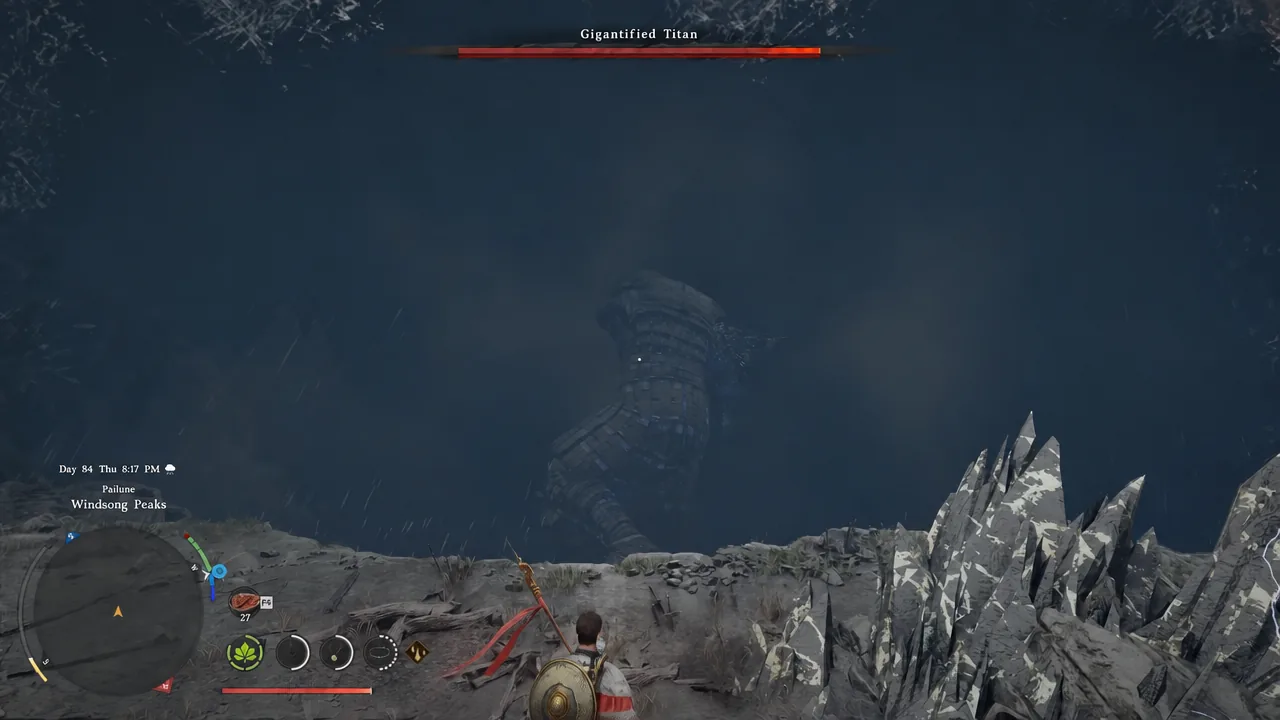Gigantified Titan health bar displayed as the player faces the enlarged boss on the cliff