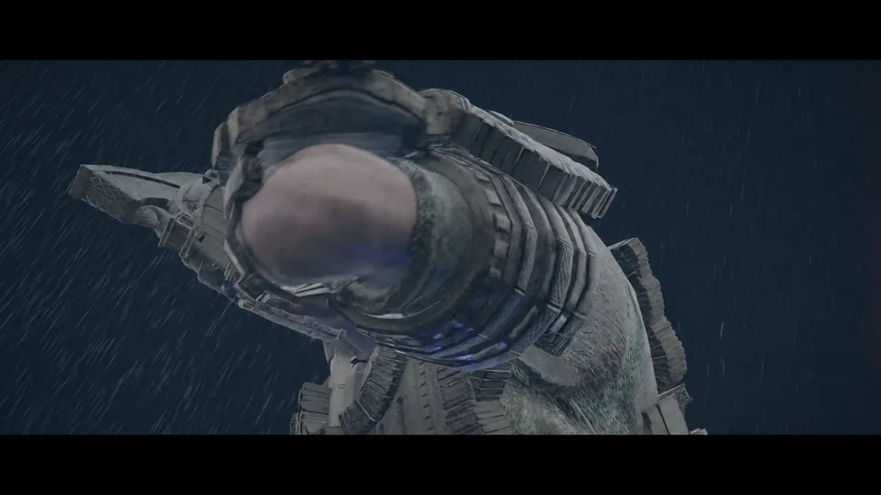 Final cutscene showing the giant Titan collapsing after defeat