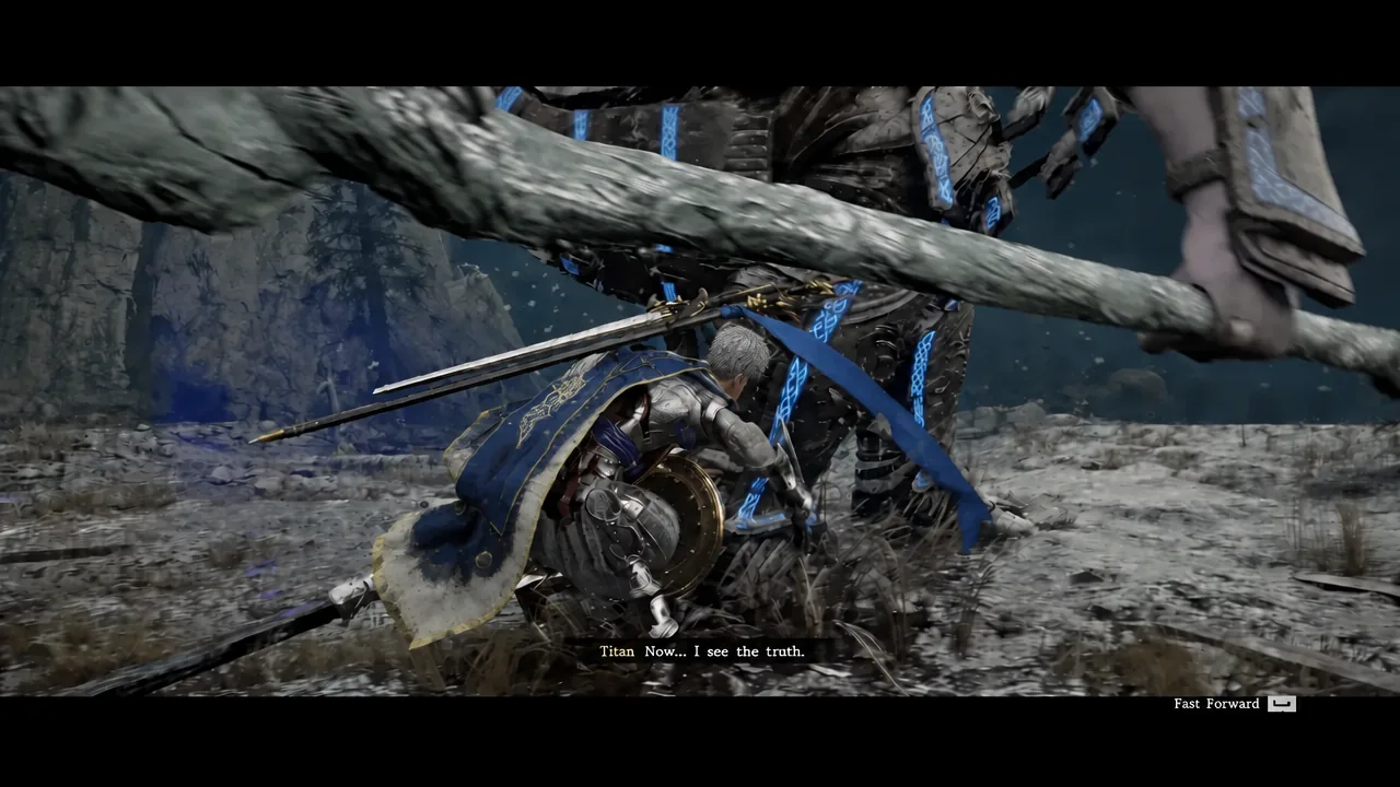 Cinematic of Kliff grappling with Titan before the transformation