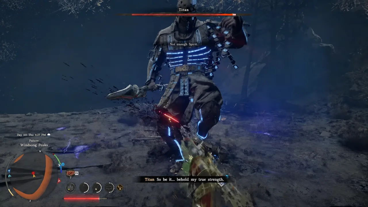 Attacking Titan while a Not enough Spirit warning appears above the boss health bar