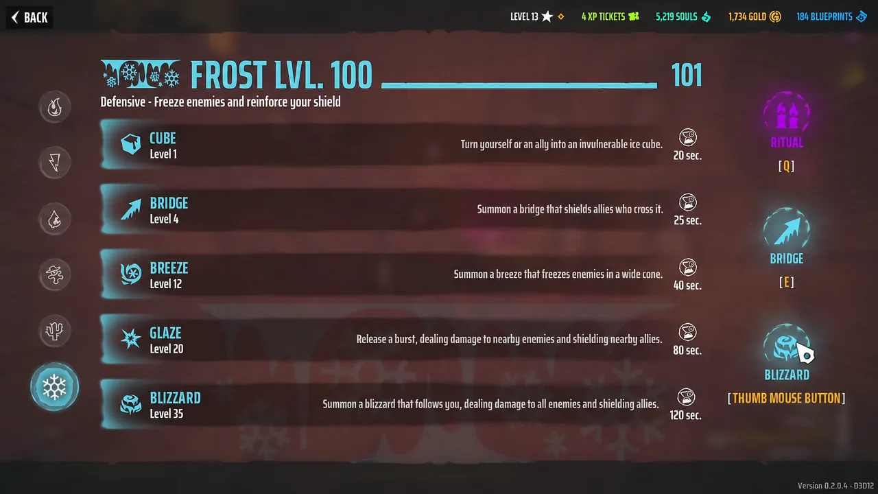 Frost ability menu with Blizzard highlighted and bound to a mouse button