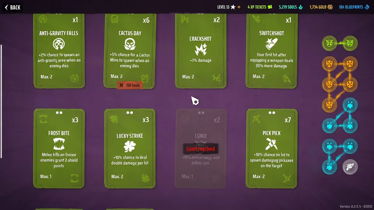 Mutation upgrade screen with the Lunge card selected and the upgrade limit reached