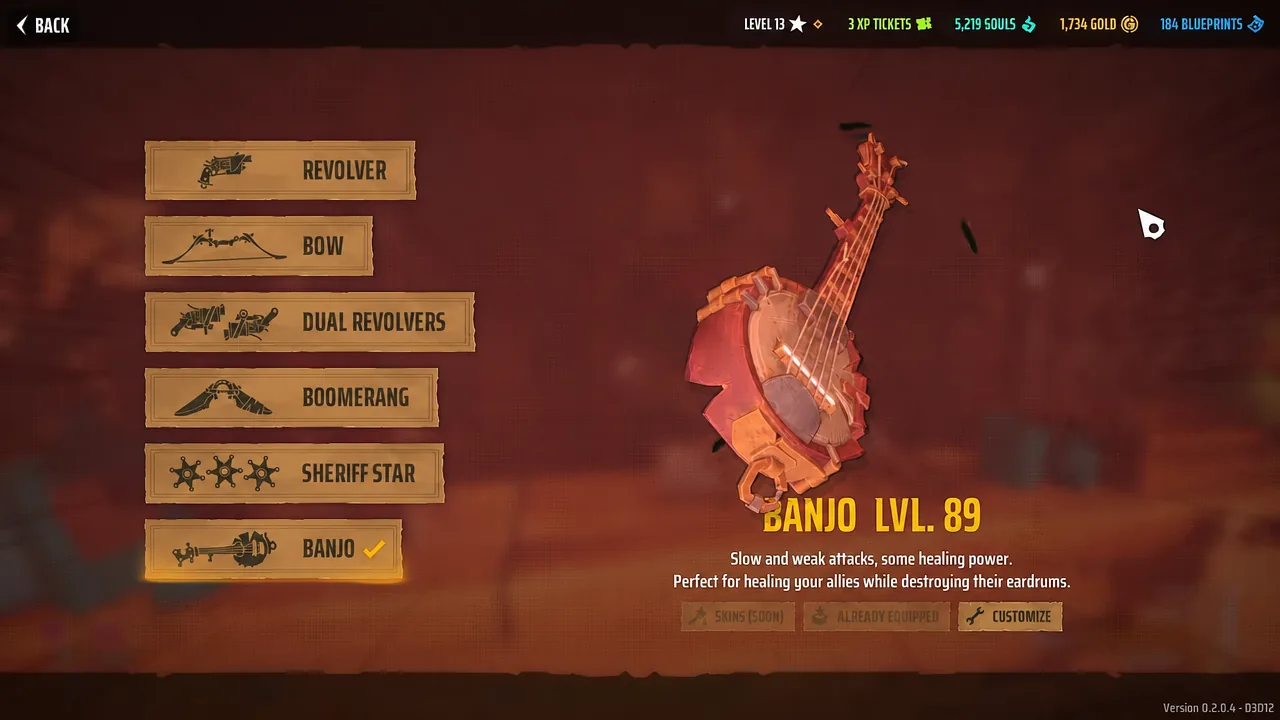 Weapon selection menu with the Banjo at level 89 and the Customize button shown