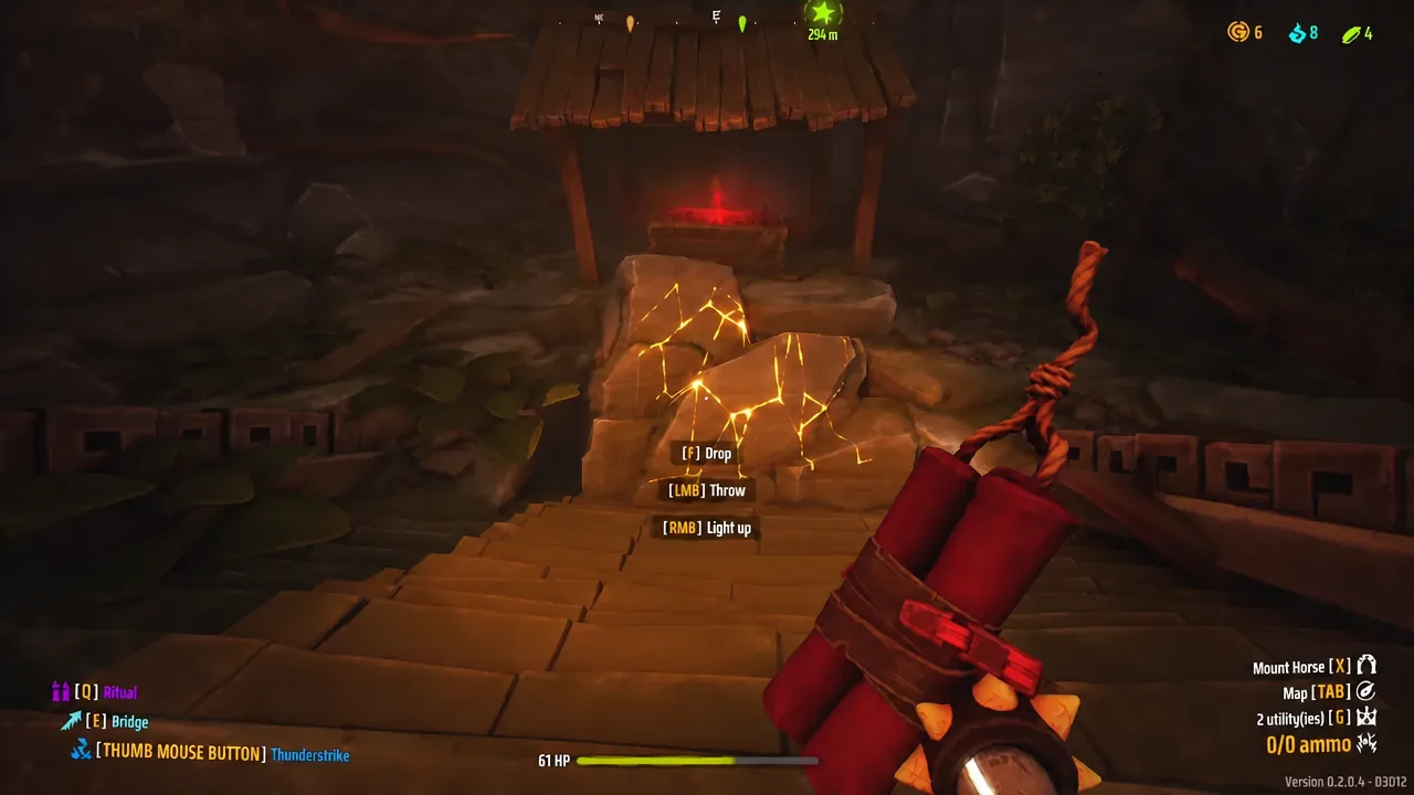 Holding lit dynamite next to cracked rocks with the right-mouse light-up prompt on screen