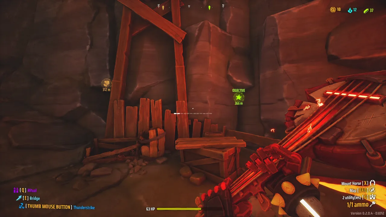 First-person view with the Banjo equipped and an objective marker showing 366 metres ahead