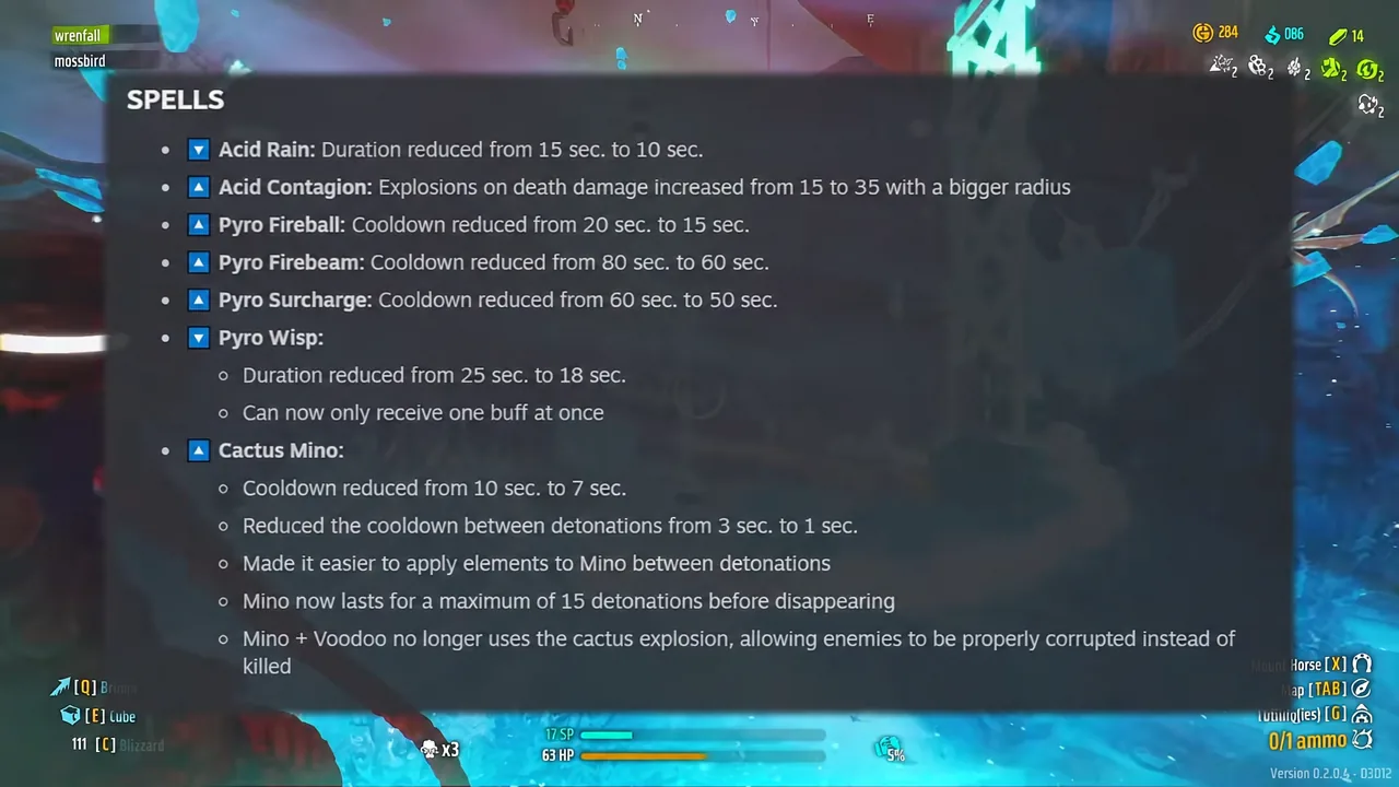 Spells menu with the Pyro Wisp entry opened to show its balance adjustments