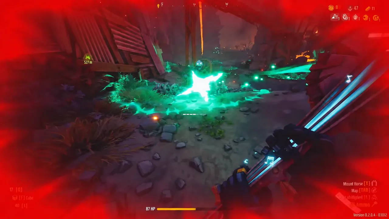 First-person combat view with low health while a glowing green enemy closes in