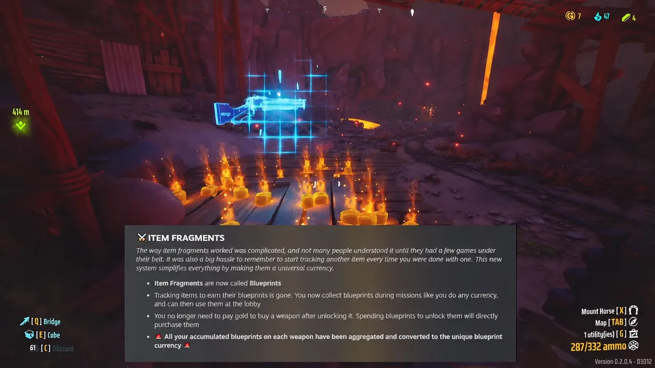 Item Fragments panel explaining that weapon fragments now convert into a single Blueprint currency