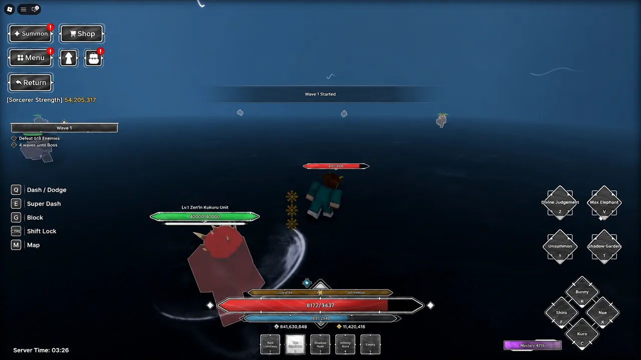 Siege wave clearing in Jujutsu Zero with enemies grouped around the player